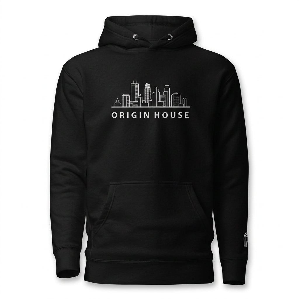 Origin House Hoodie, black with white skyline graphic