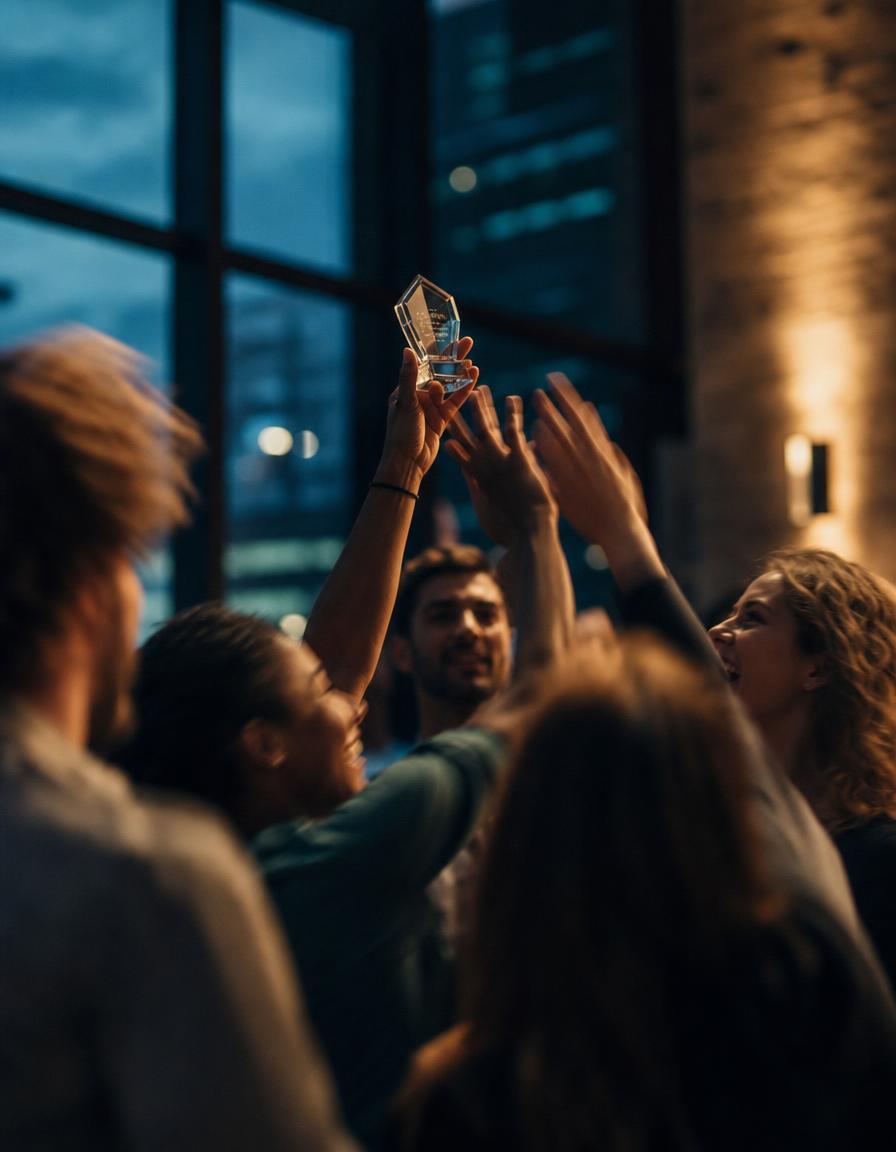 Founders reaching for a glass award held up in a dim room at dusk